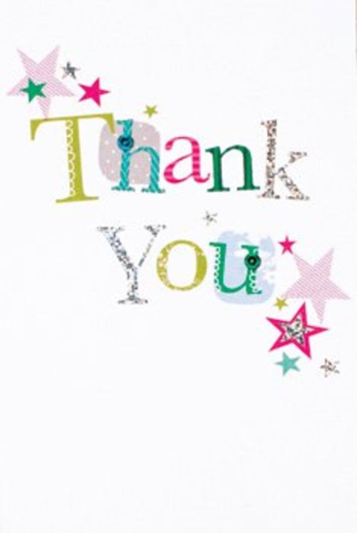 There's a lively elegance to this thank you card, as if it were designed with the unique spirit of Gipsy Hill in mind. Each letter of the message conveys its own spark-a swirl here, a dotted flourish there-rendered in shades of lime, pink, sapphire, and frosty silver that illuminate like lights from Crystal Palace glowing in the evening. Clusters of radiant stars-some splashed with carnival pink stripes, others shimmering in teal and silver-gather near the phrase, as if lending their blessings to the words. The composition feels modern yet inviting, a gentle balance between playful whimsy and refined style, much as you'd find in the best window displays along Westow Street. The white background adds a sense of airiness, ensuring the colourful elements float like confetti on a breeze. There's an understated sophistication here; never too much, always just enough. This is the sort of card that would slip beautifully alongside a lush bouquet from a local florist, apt for any occasion-whether you're extending gratitude for a kind neighbour's help or marking a special moment in the Gipsy Hill community.