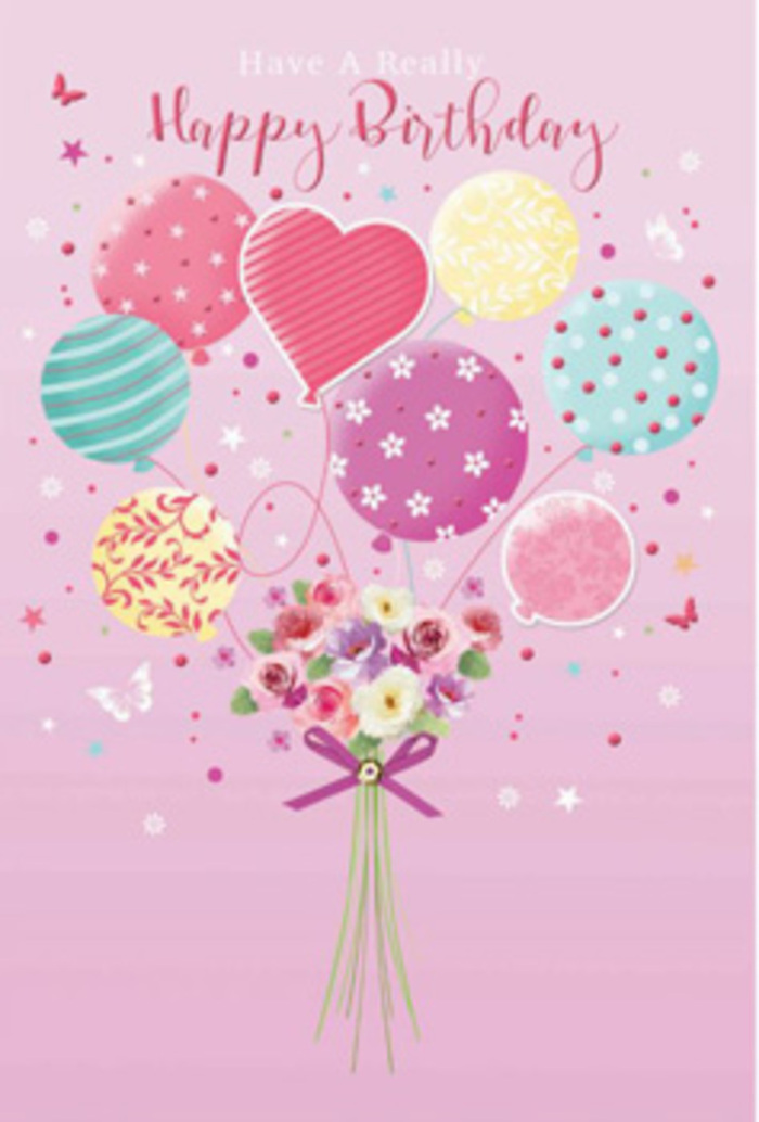 A soft, celebratory scene unfolds in this birthday design, as if a little moment of joy has floated up from the streets of Gipsy Hill into a pastel sky. The background is a tender blush pink, warm and welcoming, like the glow from a café window along Westow Hill at dusk. Rising from the base is a bouquet that seems almost weightless, held aloft by an airy cluster of balloons. These balloons shimmer in pale sunshine yellow, rosy fuchsia, mint, and lavender, each decorated with playful patterns-loops of ribbon, confetti-like dots, and painterly swirls that hint at movement, laughter, and the bustle of a local birthday gathering. Below them, a hand-tied arrangement of petite roses and daisy-like flowers gathers neatly together. Their petals shade delicately from cream to soft rose, with hints of mauve and blush that mirror the balloons above, as though the colours have drifted down and settled into the blooms. You can almost imagine their scent-fresh, slightly sweet, and comforting, like stepping into a local florist near Gipsy Hill Flowers after the morning delivery has arrived. A neat purple bow, lightly sparkling, wraps around the stems and draws the eye to the base. Around the bouquet, whimsical butterflies and tiny stars seem to hover in the air, suggesting a birthday wish caught mid-flight. The whole composition feels gentle yet joyful, a polished artwork that transforms a simple birthday card into an experience of being cherished, the way a surprise delivery to a doorstep near Crystal Palace Park might brighten someone's whole day.