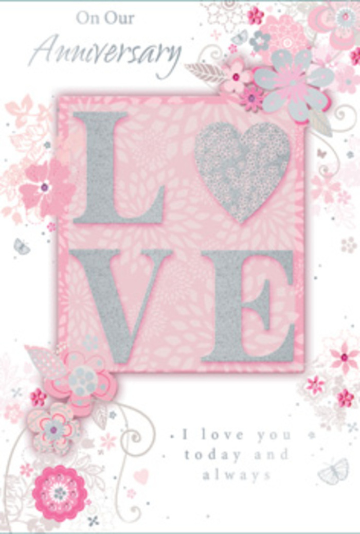Displayed as though ready to accompany a hand-tied bouquet from Gipsy Hill Flowers, this anniversary card offers a soft, sunlit vision of everyday love celebrated with grace. The central motif is the word LOVE, printed in a frosted glitter finish that rises slightly above the surface, creating a tactile highlight you can almost feel through the description. The letters are wide and gentle, coated with fine, shimmering grains that catch any available light, evoking the sparkle of morning frost on petals in nearby gardens off Central Hill. Around this, wispy, hand-drawn blooms drift like a floral border, their petals shaded in harmonious tones of blush pink, lilac, and creamy ivory. These blossoms trail into sprays of slender leaves and curling stems, all rendered with delicate linework that suggests the practiced hand of a florist sketching out the framework of an anniversary arrangement. Nestled amid the floral design, subtle, near-hidden butterflies appear, their wings formed from soft outlines and hints of shimmering ink, suggesting a gentle flutter of emotion rather than overt decoration. Filigree flourishes and fine scrolls weave between the flowers, filling the negative space without overwhelming the design. Against a pale pink backdrop that feels softly illuminated, a tender message-I love you today and always-is set in understated, graceful type, like a whispered promise written across the card. The whole composition feels like a bouquet translated into paper: layered, romantic, and thoughtfully balanced, the kind of keepsake you might send with same-day anniversary flowers delivered across Gipsy Hill and the neighbouring Crystal Palace triangle.