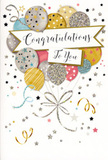 A stylish congratulations card is pictured, its design capturing the airy, buoyant spirit of a balloon bouquet rising over the rooftops of Gipsy Hill after a piece of wonderful news. The centre of the card is filled with an arrangement of illustrated balloons in harmonious shades of gold, silver, champagne, sky blue, blush pink, and soft grey, layered together like a carefully composed centerpiece. Each balloon is adorned with its own decorative touch-tiny shimmering stars, glitter-speckled bands, or subtle stripe patterns-creating a sense of sparkle and celebration without overwhelming the eyes. Slender ribbons in metallic gold and silver trail down from the balloons in soft curls, giving the impression they are being lightly held, ready to be handed over with a bouquet from a local florist. Scattered around the composition, metallic-looking stars, confetti dots, and swirling party streamers drift across a gentle, light background, echoing the carefree feeling of a surprise party near Crystal Palace or along Gipsy Road. Across the middle of the card, a graceful banner floats, bearing the message 'Congratulations To You' in flowing calligraphy that feels both personal and dignified, like a spoken compliment from someone who truly means it. The textures suggested by glossy ink and fine glitter invite you to imagine the tactile pleasure of running your fingertips across the design. Overall, the card radiates happiness, pride, and warmth, ideal for marking graduations, promotions, or any cherished achievement in the Gipsy Hill community, and for pairing with fresh flowers to create a complete gesture of celebration.