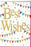 This Best Wishes card unfolds like a joyful scene from a small Gipsy Hill street festival, translated into ink, glitter, and paper. The base is a smooth, bright white, clean and modern, allowing each colourful detail to stand out crisply. At the centre, the phrase Best Wishes is written in opulent gold script, the letters slightly embossed so they catch shadows and reflections much as evening sunlight brushes the rooftops along Central Hill. The gold has a glittering finish that appears almost molten, suggesting richness without being overpowering and giving the message a glow of genuine care. Above and below the words, loose arcs of bunting sweep gracefully across the card. Each flag is tiny but distinct, painted in bold, festive colours-royal blue, cherry red, citrus yellow, grassy green, and soft aqua-arranged in a pattern that feels spontaneous, like hand-strung decorations at a back garden celebration. Many of the pennants are decorated with cheerful motifs: stripes that race from corner to corner, playful dots scattered across the surface, or miniature mosaic-like patterns that hint at handcrafted charm. Dotted around the bunting and lettering are tiny stars and circular confetti marks in shimmering gold and coordinating brights, as if someone has thrown a handful of confetti into the air over a party near Gipsy Road, and this card has captured it mid-fall. The spacing is generous, allowing each element to breathe, preventing the design from becoming busy. Overall, the card communicates light-hearted celebration and heartfelt encouragement, ideal for sending congratulations, luck, or support alongside a bouquet delivered anywhere across Gipsy Hill and the surrounding streets.