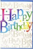 This birthday card feels like a burst of confetti on a crisp Gipsy Hill morning, all captured in a simple yet exuberant design. Across the centre, the words Happy Birthday are printed in large, playful block letters, each one glowing with its own blend of saturated colour. The hues slide from deep crimson into warm pink, through cool blues and teals, and finally into fresh greens and bright yellow, creating a soft, painterly gradient that echoes the varied tones of a mixed bouquet on a florist's counter. The rainbow letters stand proudly against a pale background that is densely overlaid with fine, golden cursive text repeating Happy Birthday to you over and over. This script is slender and looping, like a carefully penned note, and it shimmers subtly as if picked out in foil, catching the light in the same way streetlights glint off the wet road after rain near Crystal Palace Parade. The interplay between the sturdy, colourful lettering and the delicate, metallic script gives the card a sense of layered depth and thoughtfulness, as though the simple greeting carries many echoes of well-wishers behind it. The surface appears smooth and slightly glossy, yet you can easily imagine a faint texture where the gold has been applied. There are no distracting graphics-no balloons, cakes, or characters-so the typography and colour do all the celebrating. This makes the card feel modern and versatile, perfect to slip alongside a hand-tied bouquet heading out for birthday delivery anywhere across Gipsy Hill and the neighbouring streets.