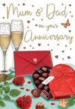 This anniversary card illustration paints a richly romantic scene that feels instantly familiar to anyone who has celebrated a special evening at home in Gipsy Hill. At its heart, two elegant champagne flutes stand side by side, filled with sparkling golden champagne; the bubbles are rendered in fine detail, rising in delicate trails that echo the anticipation of a loving toast. The glass catches the light with subtle reflections, giving the impression of soft, ambient glow rather than harsh brightness. Nearby, a pair of sumptuous red roses rests on the tabletop, their lush, velvety petals layered in deep crimson tones, complemented by fresh green leaves that curve naturally around the blooms, just as they would in a bouquet freshly delivered from a nearby florist on Westow Hill. A heart-shaped box of chocolates, dressed in a bold red bow, sits open to reveal neat rows of glossy truffles, each one invitingly smooth. A few chocolates are scattered around, adding a sense of real-life spontaneity, as though a couple has already begun to enjoy them. Around this intimate arrangement, tiny hearts in shades of gold and scarlet seem to float in the background, framing the affectionate Mum & Dad greeting with gentle motion and warmth. To the front, a deep red envelope, carefully sealed, promises tender words written for this milestone moment. The overall colour palette glows with rich reds, warm golds, and soft highlights, creating an atmosphere that feels cosy, indulgent, and genuinely loving-much like an anniversary evening in the homes of long-standing families across Gipsy Hill, Crystal Palace, and the surrounding streets.